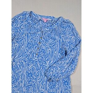 Lilly Pulitzer Camille Top Size Large 100% Silk Solar Blue Blouse Shirt Casual